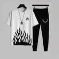 Men's White Flame Print Track Suit 2Pcs Micro Fabric