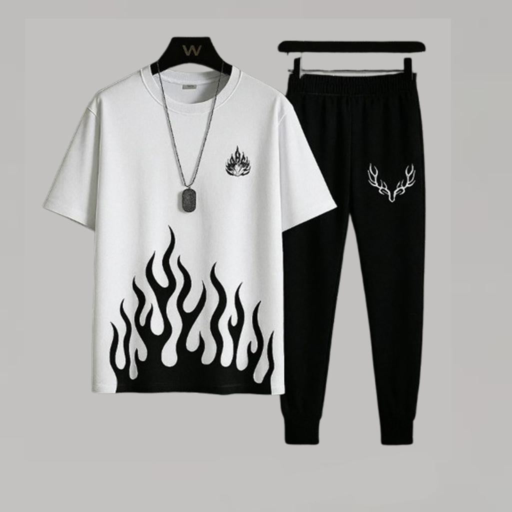 Men's White Flame Print Track Suit 2Pcs Micro Fabric