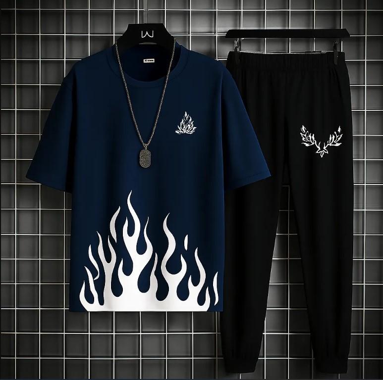 Men's White Flame Print Track Suit 2Pcs Micro Fabric
