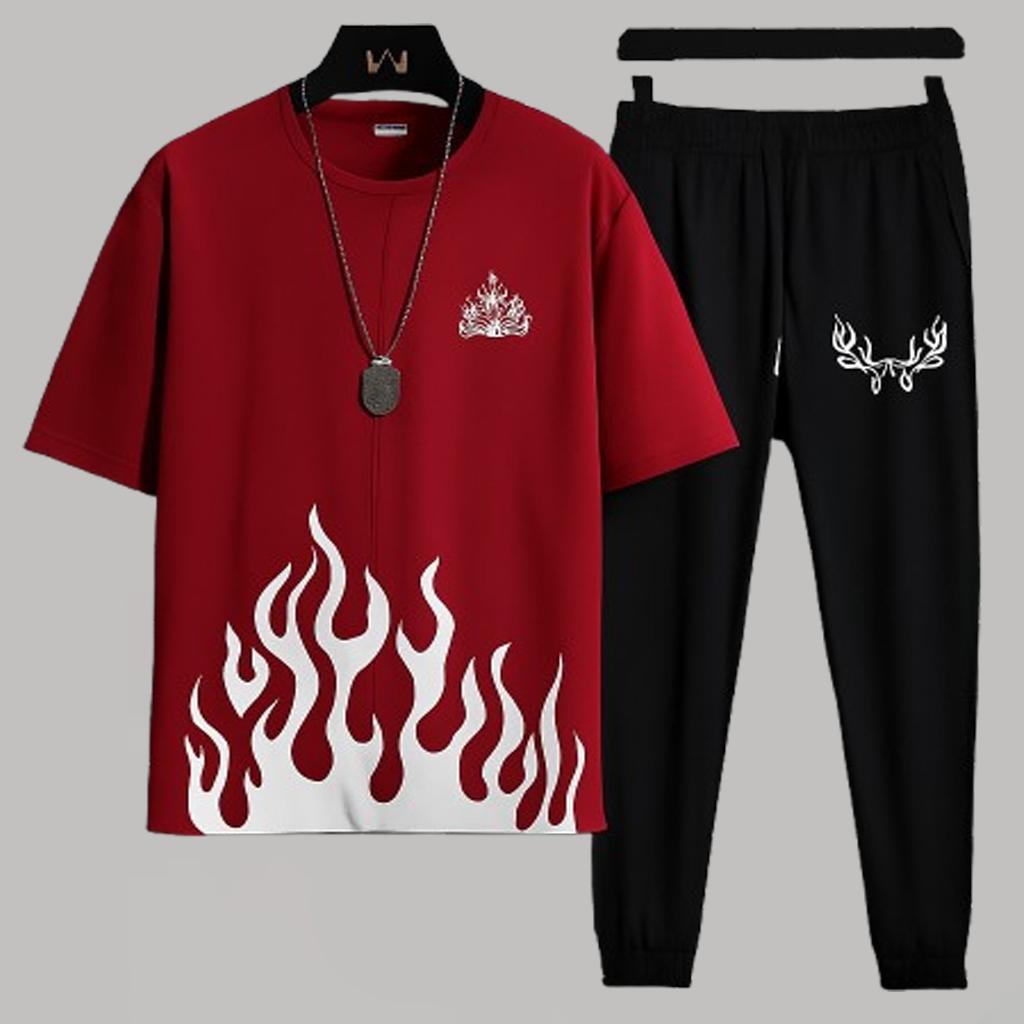 Men's White Flame Print Track Suit 2Pcs Micro Fabric