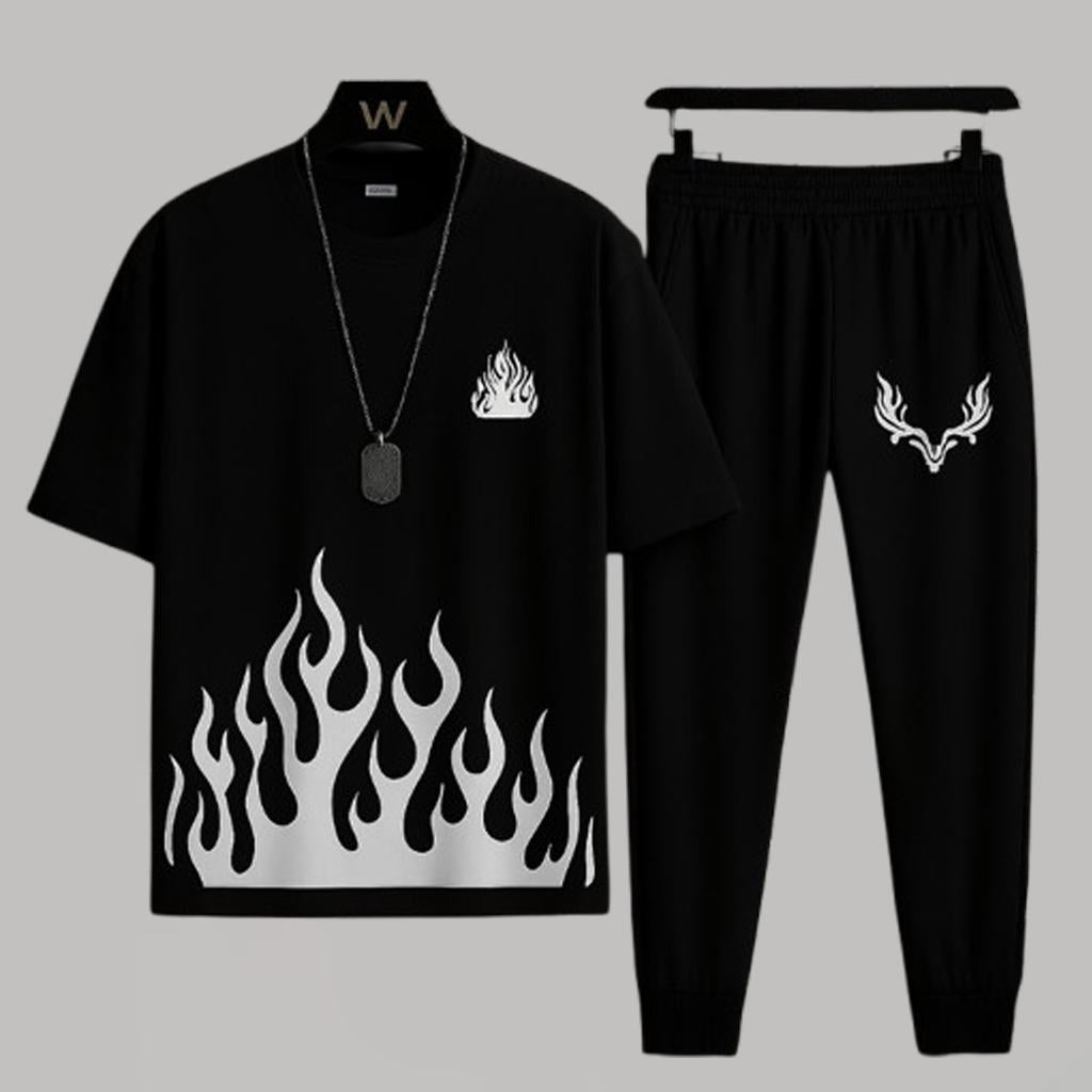 Men's White Flame Print Track Suit 2Pcs Micro Fabric