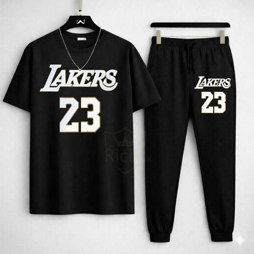 Men Black Lakers 23 Track Suit Set Cotton Summer
