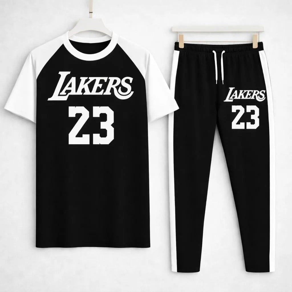 Men's Lakers 23 Printed Cotton Track Suit Black White Stripe
