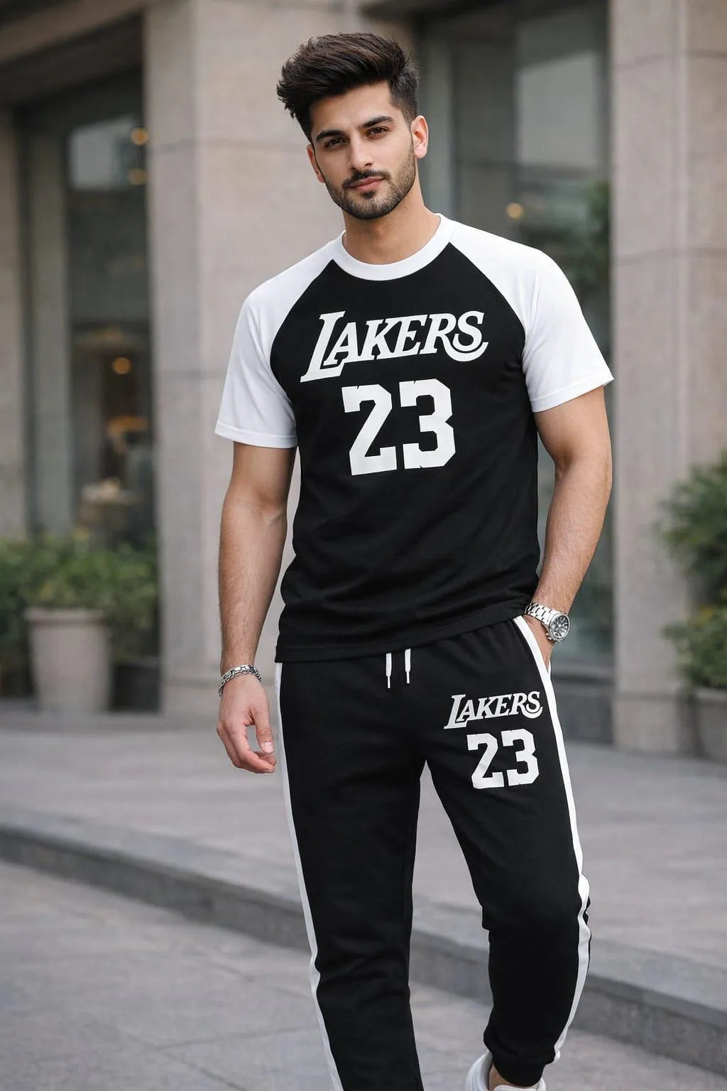 Men's Lakers 23 Printed Cotton Track Suit Black White Stripe