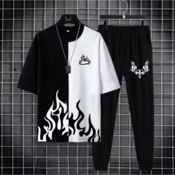 Men's White Flame Print Track Suit 2Pcs Micro Fabric