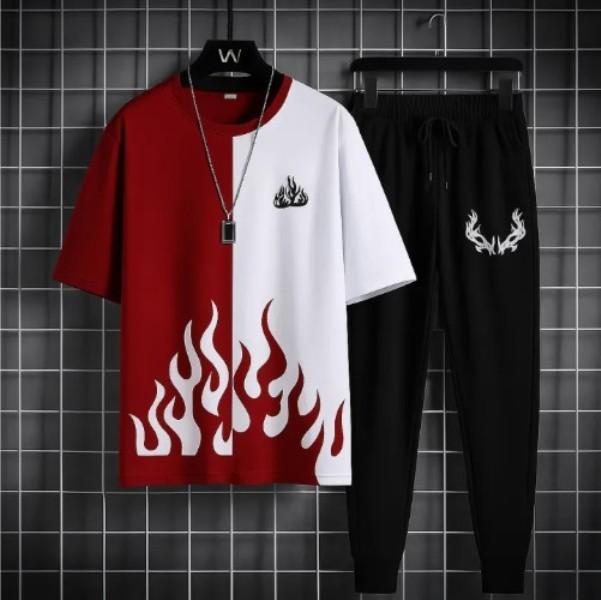 Men's White Flame Print Track Suit 2Pcs Micro Fabric